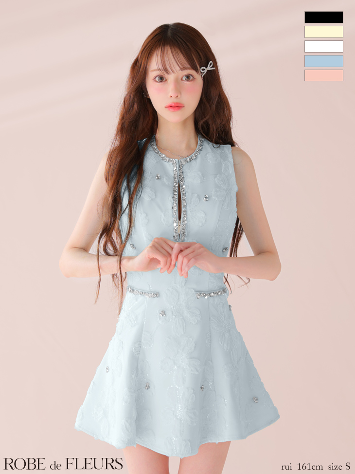 ROBE de FLEURS ローブドフルール ピンク ビジューラインノースリーブフレアミニキャバドレス fm3439-3