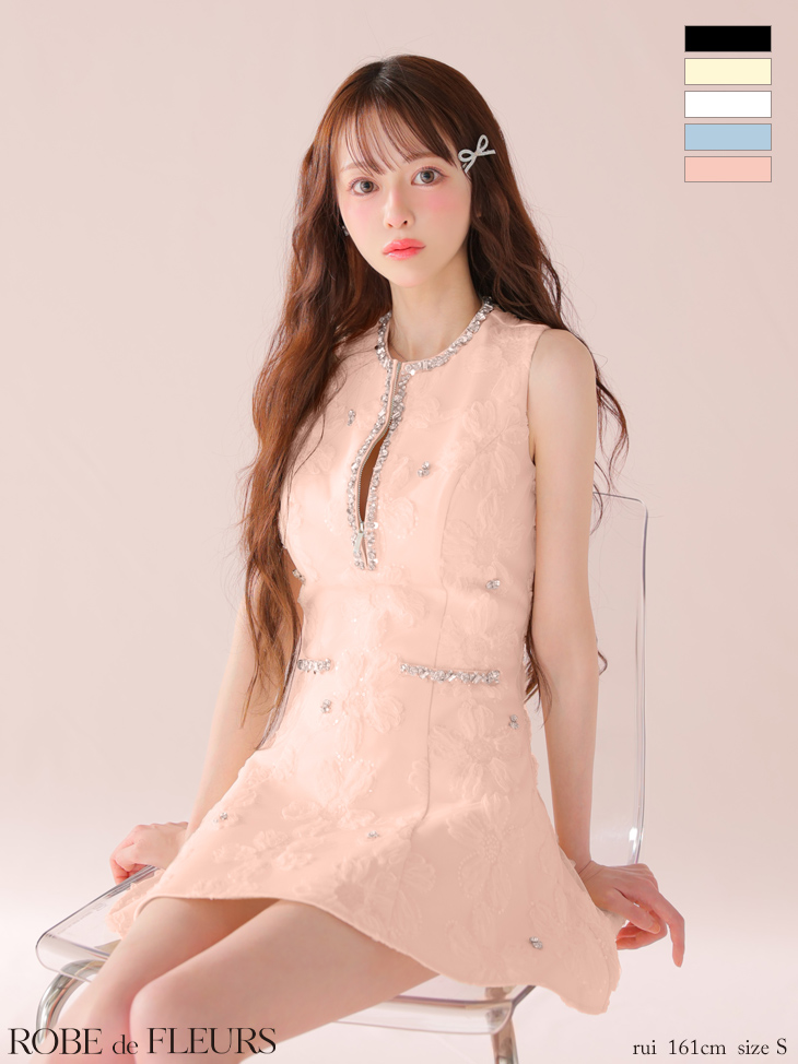 ROBE de FLEURS ローブドフルール ピンク ビジューラインノースリーブフレアミニキャバドレス fm3439-3