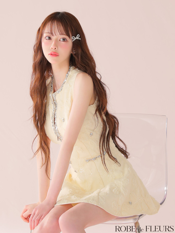 ROBE de FLEURS ローブドフルール ピンク ビジューラインノースリーブフレアミニキャバドレス fm3439-3