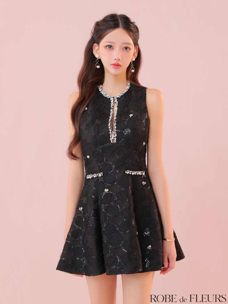 ROBE de FLEURS ローブドフルール ビジューラインノースリーブフレアミニキャバドレス fm3439-c