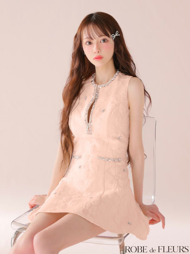 ROBE de FLEURS ローブドフルール ビジューラインノースリーブフレアミニキャバドレス fm3439-c