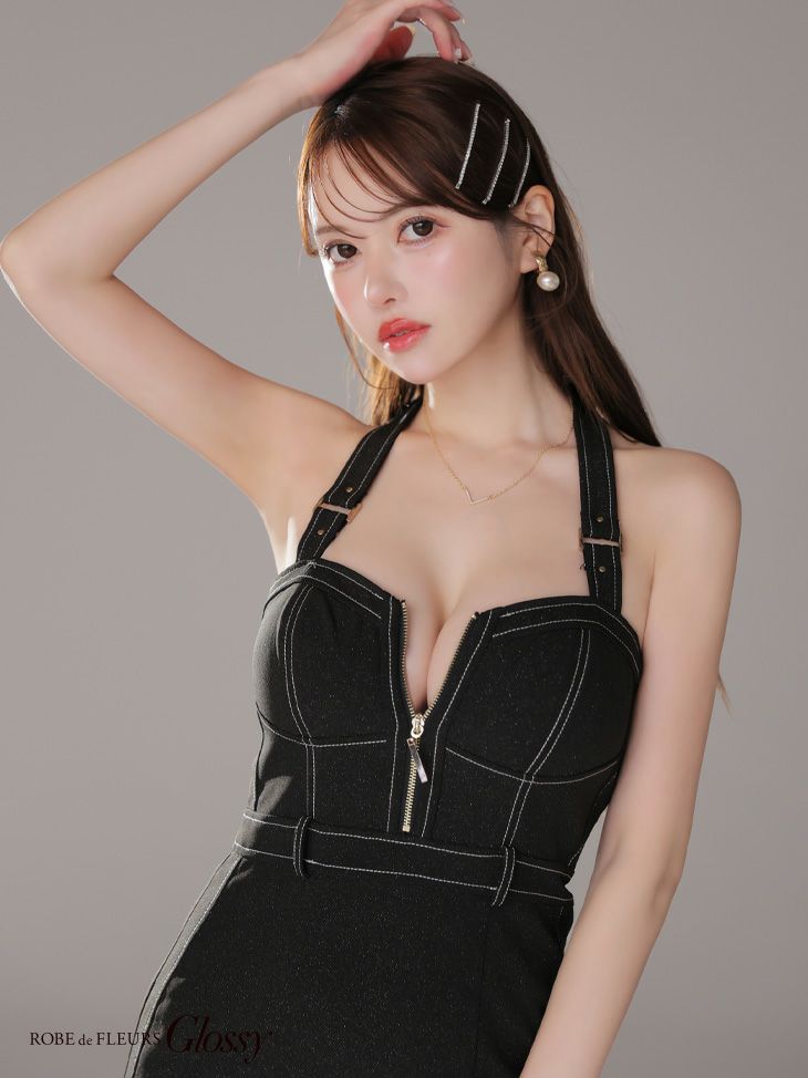 Glossy ローブドフルールグロッシー ブラック バックリボンホルターステッチバストジップキャバドレス gl3905-1