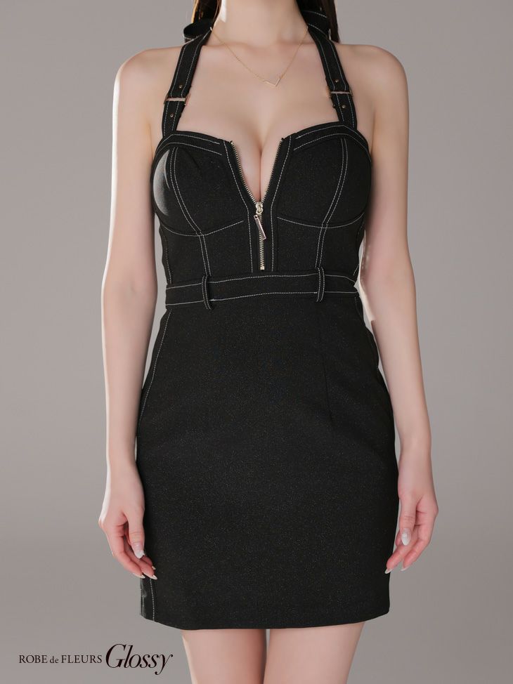 Glossy ローブドフルールグロッシー ブラック バックリボンホルターステッチバストジップキャバドレス gl3905-1
