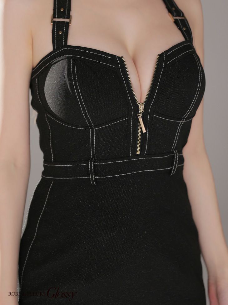 Glossy ローブドフルールグロッシー ブラック バックリボンホルターステッチバストジップキャバドレス gl3905-1