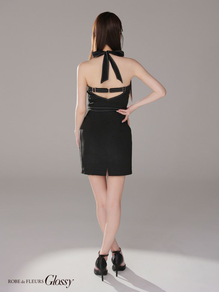 Glossy ローブドフルールグロッシー チャコールグレー バックリボンホルターステッチバストジップキャバドレス gl3905-2