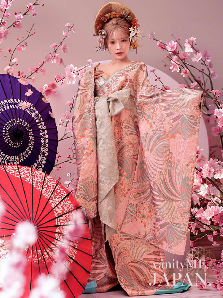 【2点セット】花魁コスチューム 遊女 花魁 桜花魁 和柄 本格和装 着物 花魁ドレス vcsot-241118