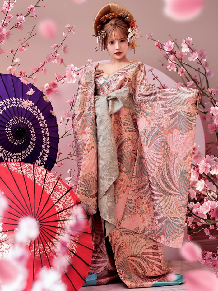 【2点セット】花魁コスチューム 遊女 花魁 桜花魁 和柄 本格和装 着物 花魁ドレス vcsot-241118