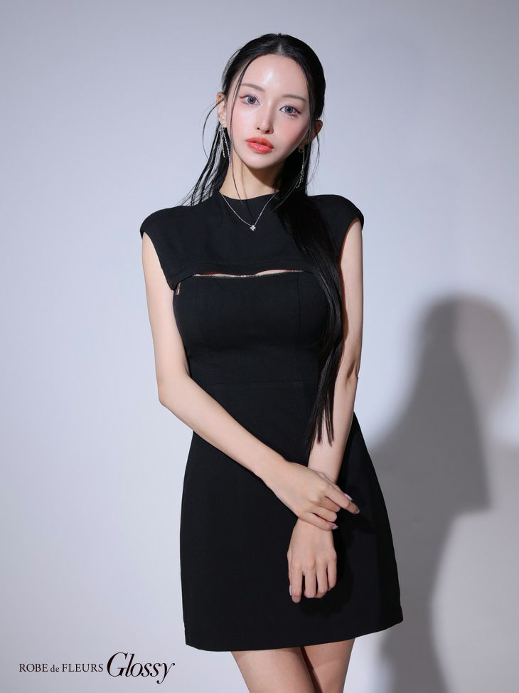Glossy ローブドフルールグロッシー ブラック バックオープンバストスリットシンプルミニキャバドレス gl3776-2