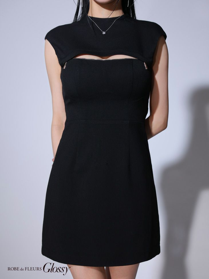 Glossy ローブドフルールグロッシー ブラック バックオープンバストスリットシンプルミニキャバドレス gl3776-2