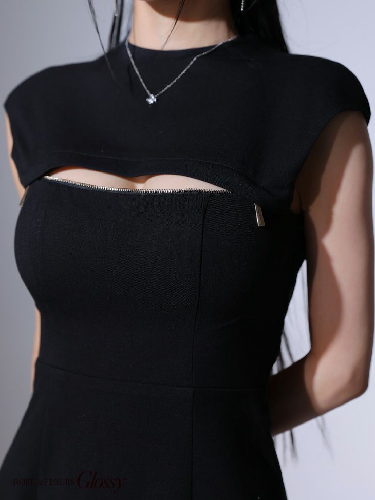 Glossy ローブドフルールグロッシー ブラック バックオープンバストスリットシンプルミニキャバドレス gl3776-2