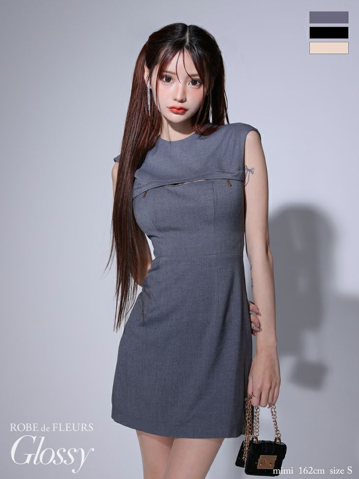 Glossy ローブドフルールグロッシー アイボリー バックオープンバストスリットシンプルミニキャバドレス gl3776-3