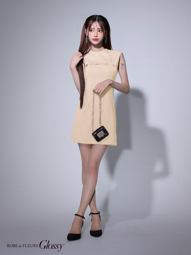 Glossy ローブドフルールグロッシー アイボリー バックオープンバストスリットシンプルミニキャバドレス gl3776-3