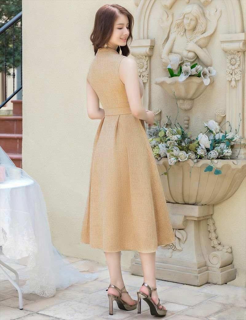 ERUKEI エルケイ ベージュ Aライン・ウエストリボン・シンプル・ミディアムドレス・ワンピース ek-c23113-1