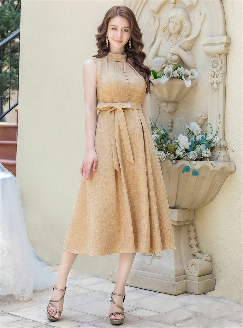 ERUKEI エルケイ ベージュ Aライン・ウエストリボン・シンプル・ミディアムドレス・ワンピース ek-c23113-1