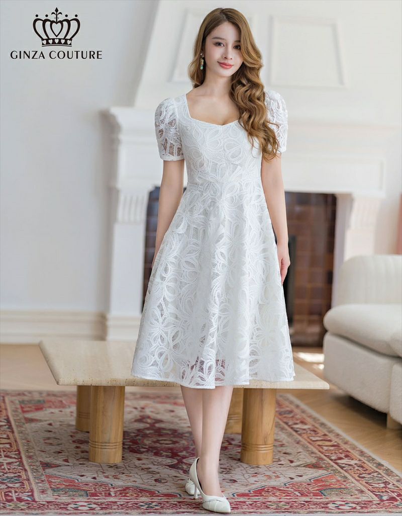 ERUKEI エルケイ ホワイト 花柄・ケミカルレース・スクエアネック・半袖・Ａライン・ミディアムドレス・ワンピース ek-c24006-1