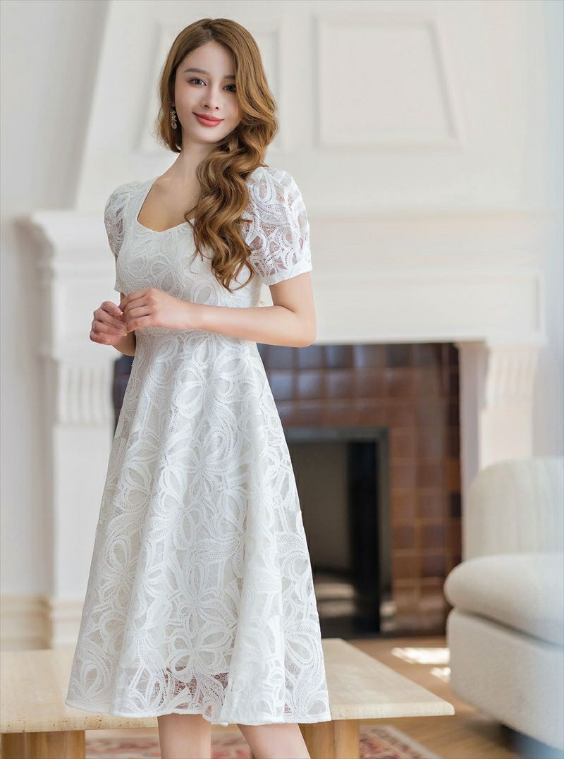 ERUKEI エルケイ ホワイト 花柄・ケミカルレース・スクエアネック・半袖・Ａライン・ミディアムドレス・ワンピース ek-c24006-1