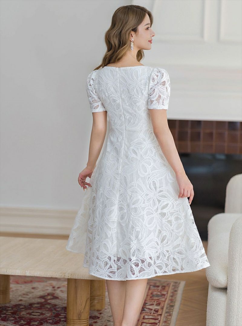 ERUKEI エルケイ ホワイト 花柄・ケミカルレース・スクエアネック・半袖・Ａライン・ミディアムドレス・ワンピース ek-c24006-1