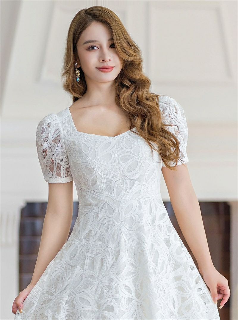 ERUKEI エルケイ ホワイト 花柄・ケミカルレース・スクエアネック・半袖・Ａライン・ミディアムドレス・ワンピース ek-c24006-1