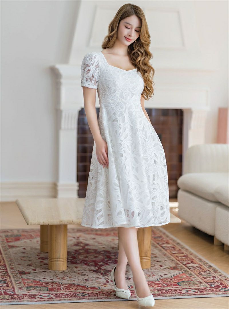 ERUKEI エルケイ ホワイト 花柄・ケミカルレース・スクエアネック・半袖・Ａライン・ミディアムドレス・ワンピース ek-c24006-1
