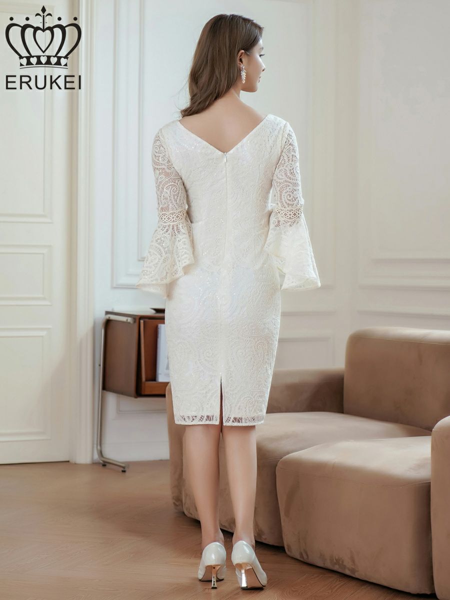 ERUKEI エルケイ ホワイト 総レース・スパンコール・タイト・Vネック・７分袖・フリルスリーブ・タイト・ミディアムドレス・ワンピース ek-e24140-1