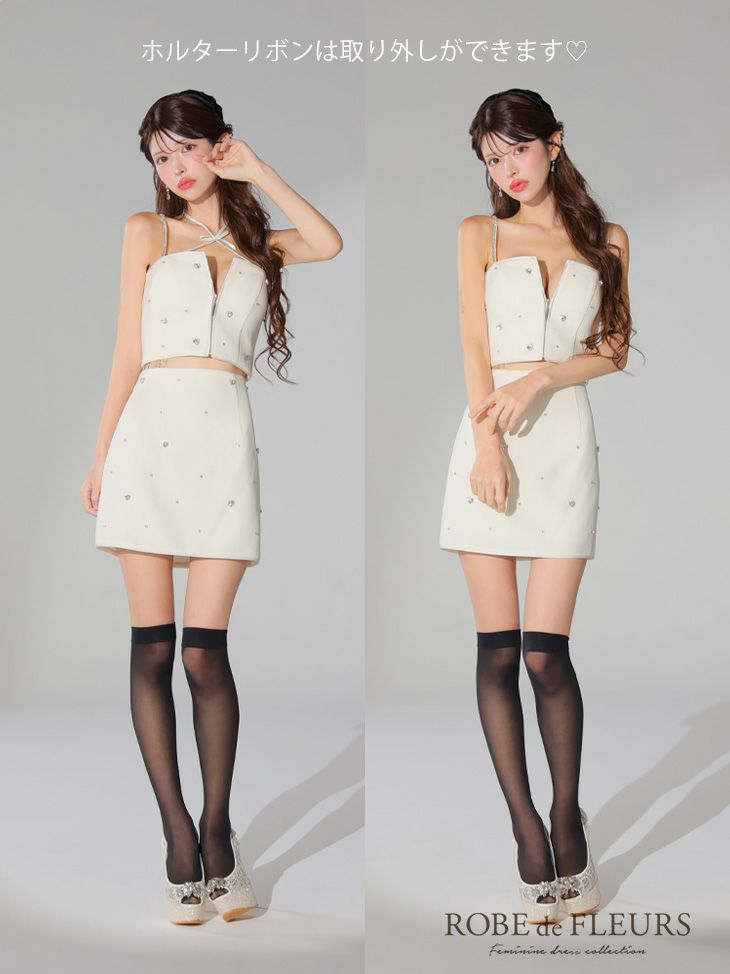 ROBE de FLEURS ローブドフルール ブラック 2wayハートビジューバストカットセットアップミニキャバドレス fm3586-2
