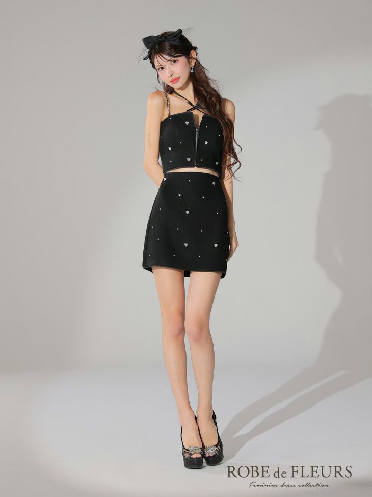 ROBE de FLEURS ローブドフルール ブラック 2wayハートビジューバストカットセットアップミニキャバドレス fm3586-2