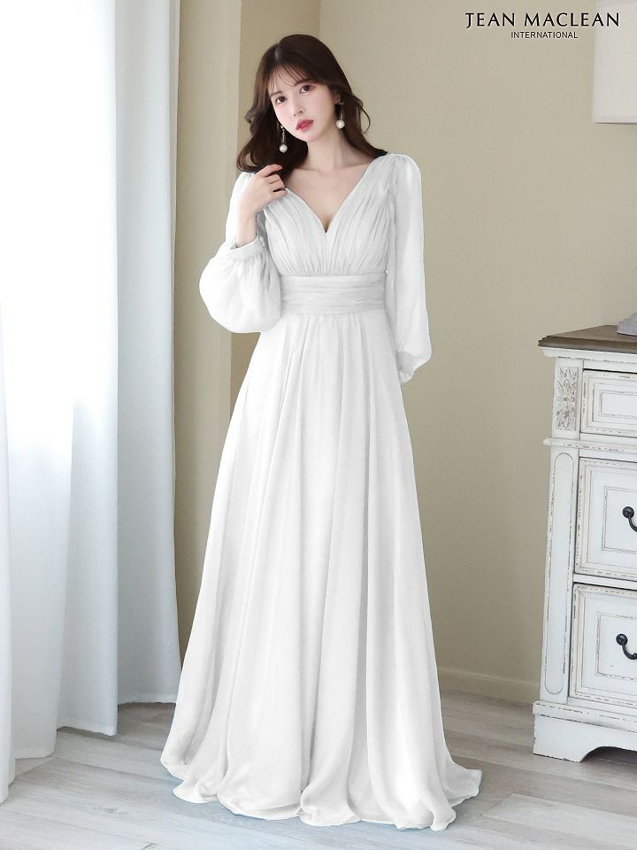 JEAN MACLEAN ジャンマクレーン シフォン/ロングスリーブ/プリーツ/フレア/ロングドレス アイボリー ja41667-3-ks
