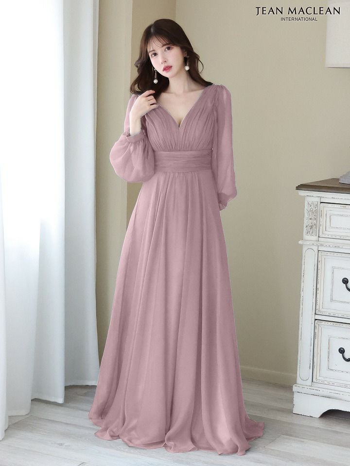 JEAN MACLEAN ジャンマクレーン シフォン/ロングスリーブ/プリーツ/フレア/ロングドレス アイボリー ja41667-3-ks