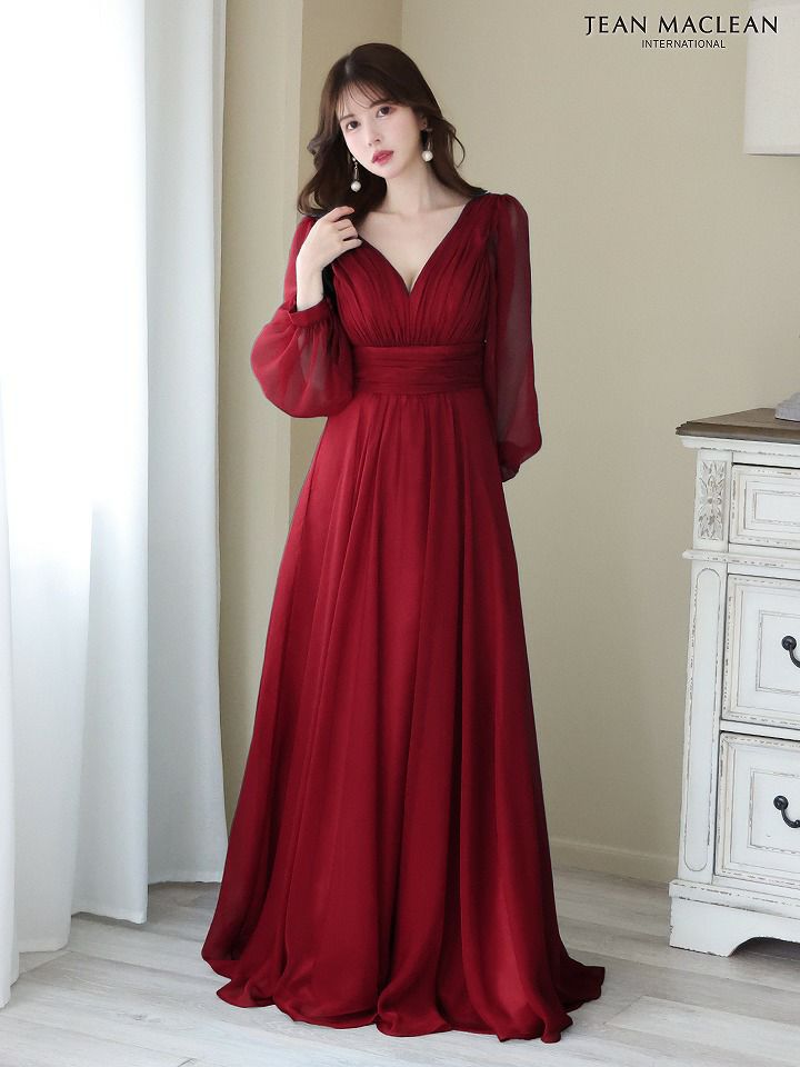 JEAN MACLEAN ジャンマクレーン シフォン/ロングスリーブ/プリーツ/フレア/ロングドレス アイボリー ja41667-3-ks