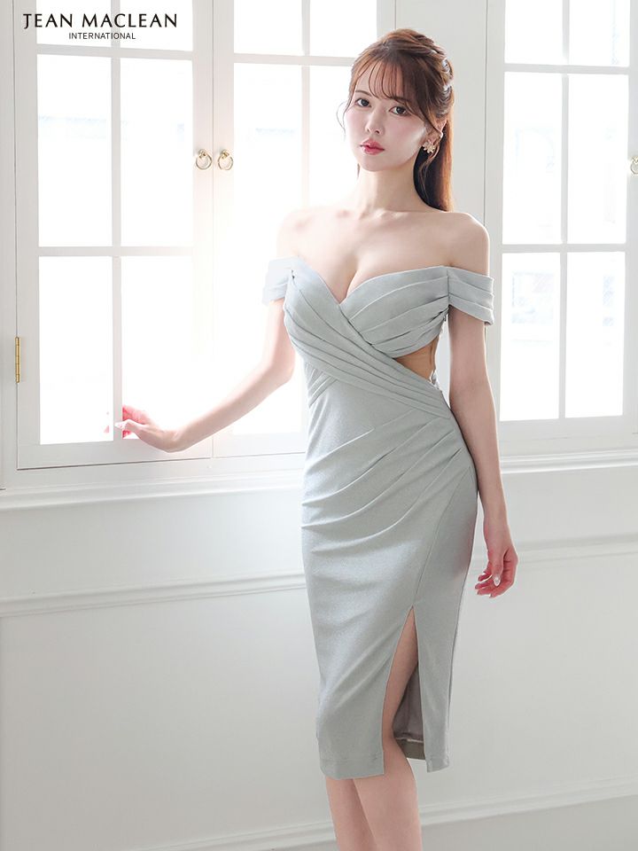 JEAN MACLEAN ジャンマクレーン オフショル/タッククロスデザイン/カットアウト/ラメニット/タイト/ミディアムドレス シルバー ja51775-1