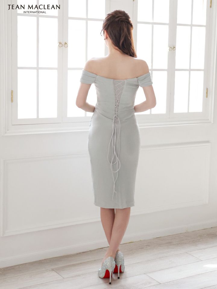 JEAN MACLEAN ジャンマクレーン オフショル/タッククロスデザイン/カットアウト/ラメニット/タイト/ミディアムドレス シルバー ja51775-1