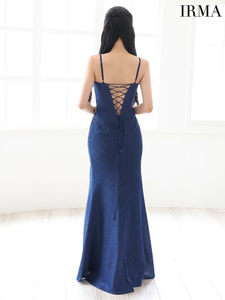 IRMA イルマ ワンカラー/ビジュー/カットアウト/スリット入り/タイトロングドレス ダークブルー ir51778-1