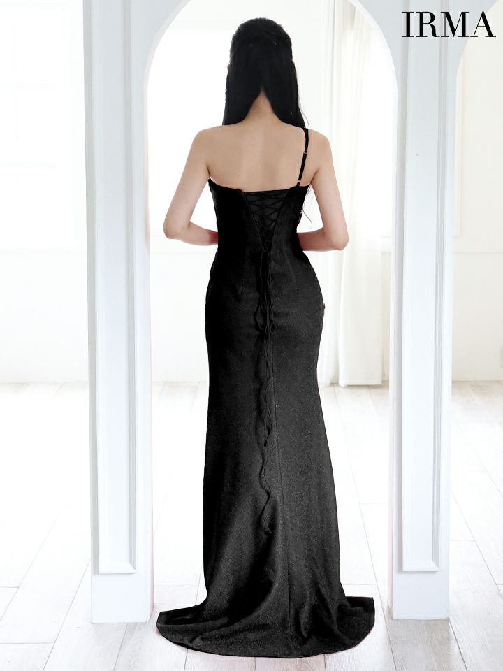 IRMA イルマ ワンショル/メッシュビジュー/アシンメトリーデザイン/タイトロングドレス シャンパン ir51779-2-ks