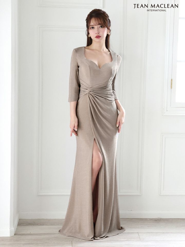 JEAN MACLEAN ジャンマクレーン ワンカラー/ロングスリーブ/ラメニット/ウエストタック/スリット入り/タイト/ロングドレス シルバー ja51782-2-ks