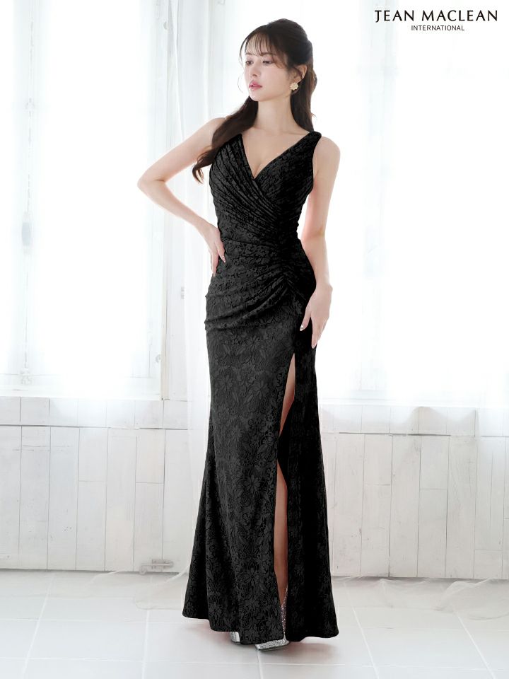 JEAN MACLEAN ジャンマクレーン ワンカラー/総レース/カシュクール/スリット入り/タイト/ロングドレス ja51762-c