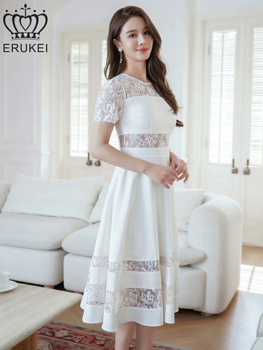 ERUKEI エルケイ ホワイト レース・半袖・切替・上品・ひざ下・Aライン・ミディアムドレス・ワンピース ek-e22138-1