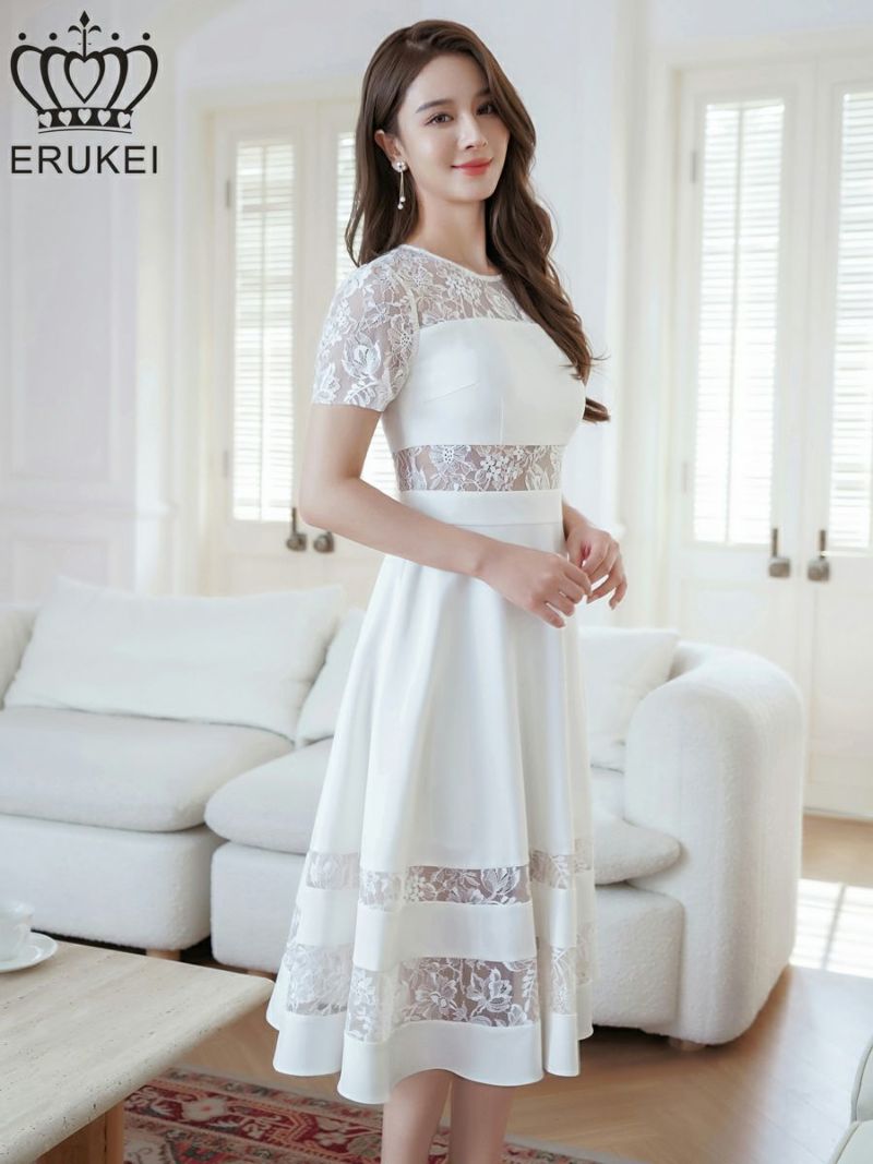 ERUKEI エルケイ ホワイト レース・半袖・切替・上品・ひざ下・Aライン・ミディアムドレス・ワンピース ek-e22138-1