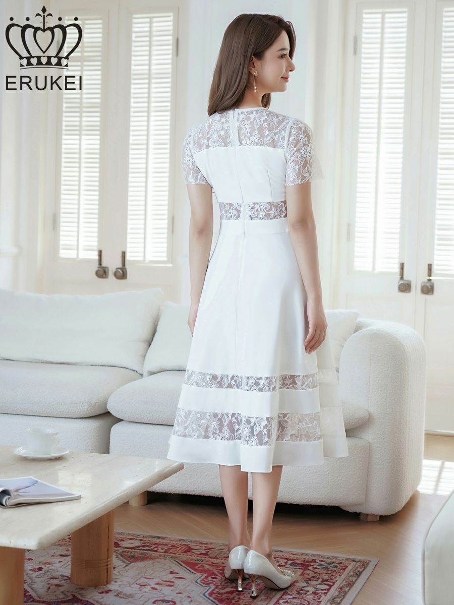 ERUKEI エルケイ ホワイト レース・半袖・切替・上品・ひざ下・Aライン・ミディアムドレス・ワンピース ek-e22138-1
