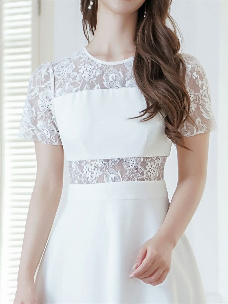 ERUKEI エルケイ ホワイト レース・半袖・切替・上品・ひざ下・Aライン・ミディアムドレス・ワンピース ek-e22138-1
