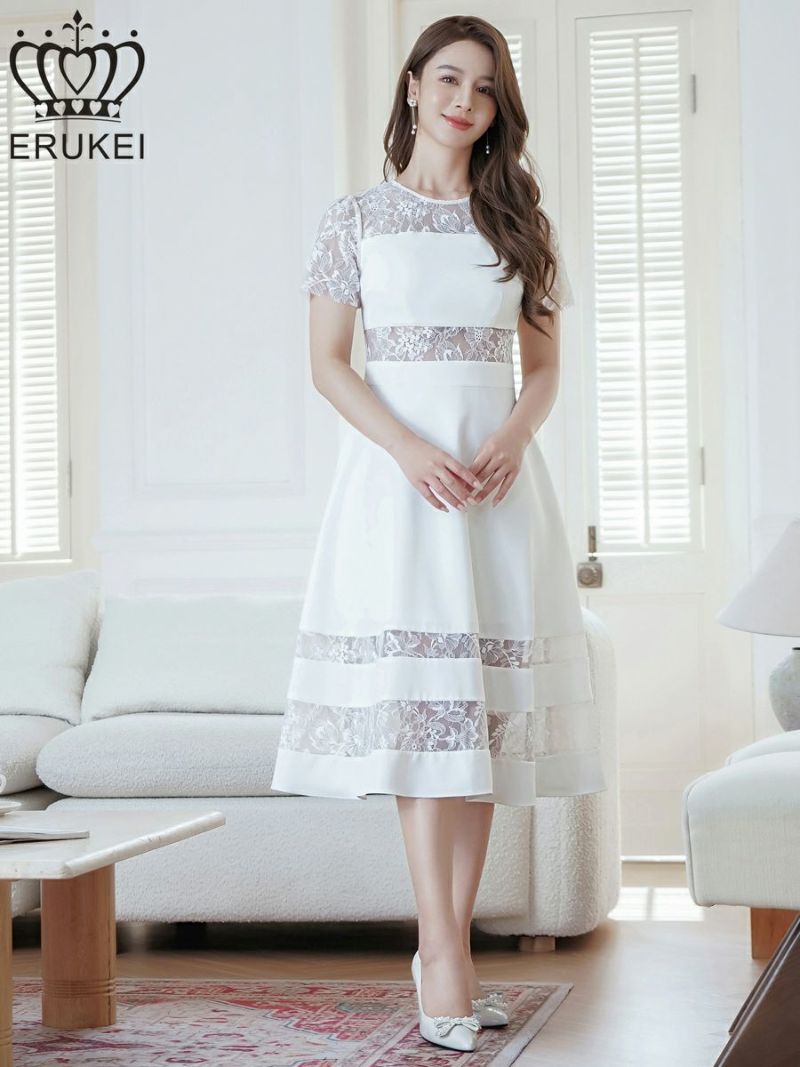 ERUKEI エルケイ ホワイト レース・半袖・切替・上品・ひざ下・Aライン・ミディアムドレス・ワンピース ek-e22138-1