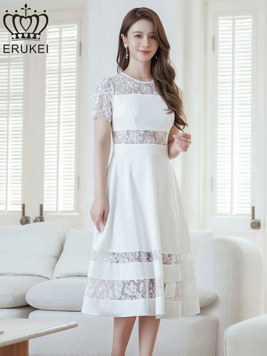 ERUKEI エルケイ ホワイト レース・半袖・切替・上品・ひざ下・Aライン・ミディアムドレス・ワンピース ek-e22138-1