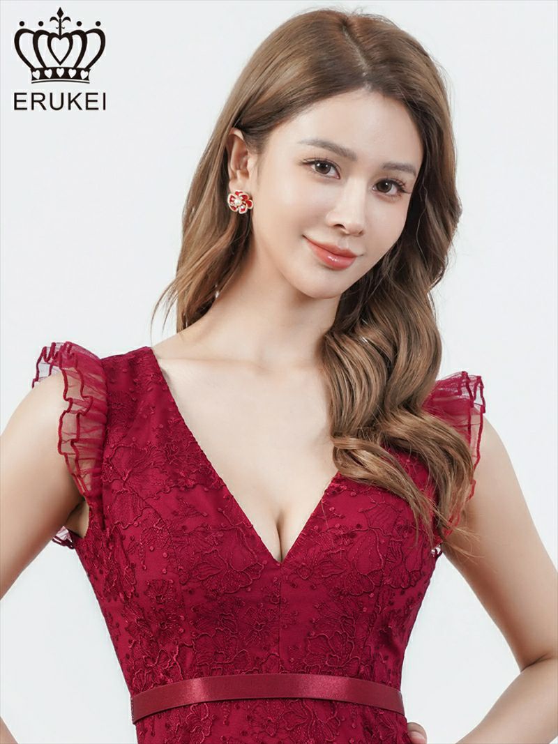 ERUKEI エルケイ 総レース・Vネック・フレンチ・フリルスリーブ・タイト・膝丈・ワンピース ek-e24097-1