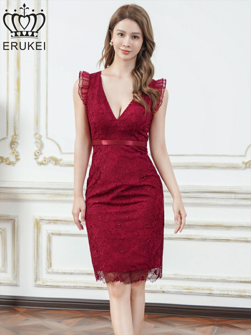 ERUKEI エルケイ 総レース・Vネック・フレンチ・フリルスリーブ・タイト・膝丈・ワンピース ek-e24097-1