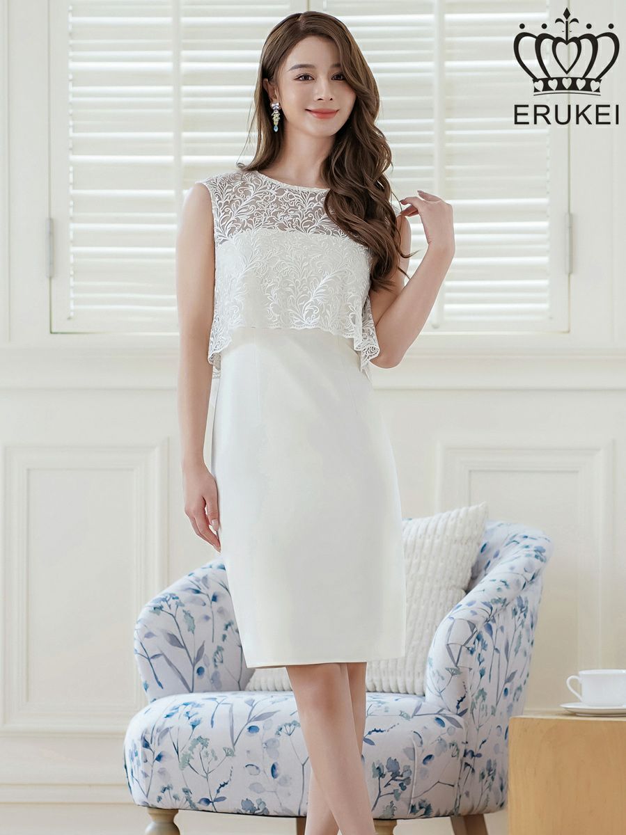 ERUKEI エルケイ ホワイト ノースリーブ・レース・タイト・スリット・膝丈・ミニドレス・ワンピース ek-e23041-1