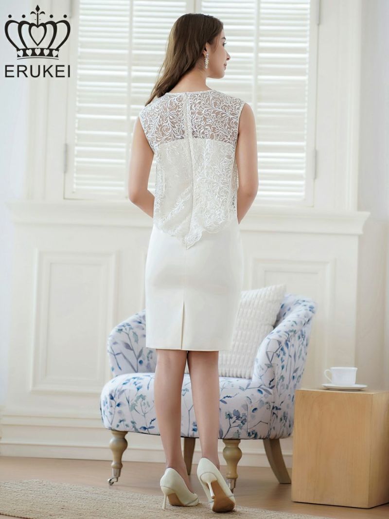 ERUKEI エルケイ ホワイト ノースリーブ・レース・タイト・スリット・膝丈・ミニドレス・ワンピース ek-e23041-1