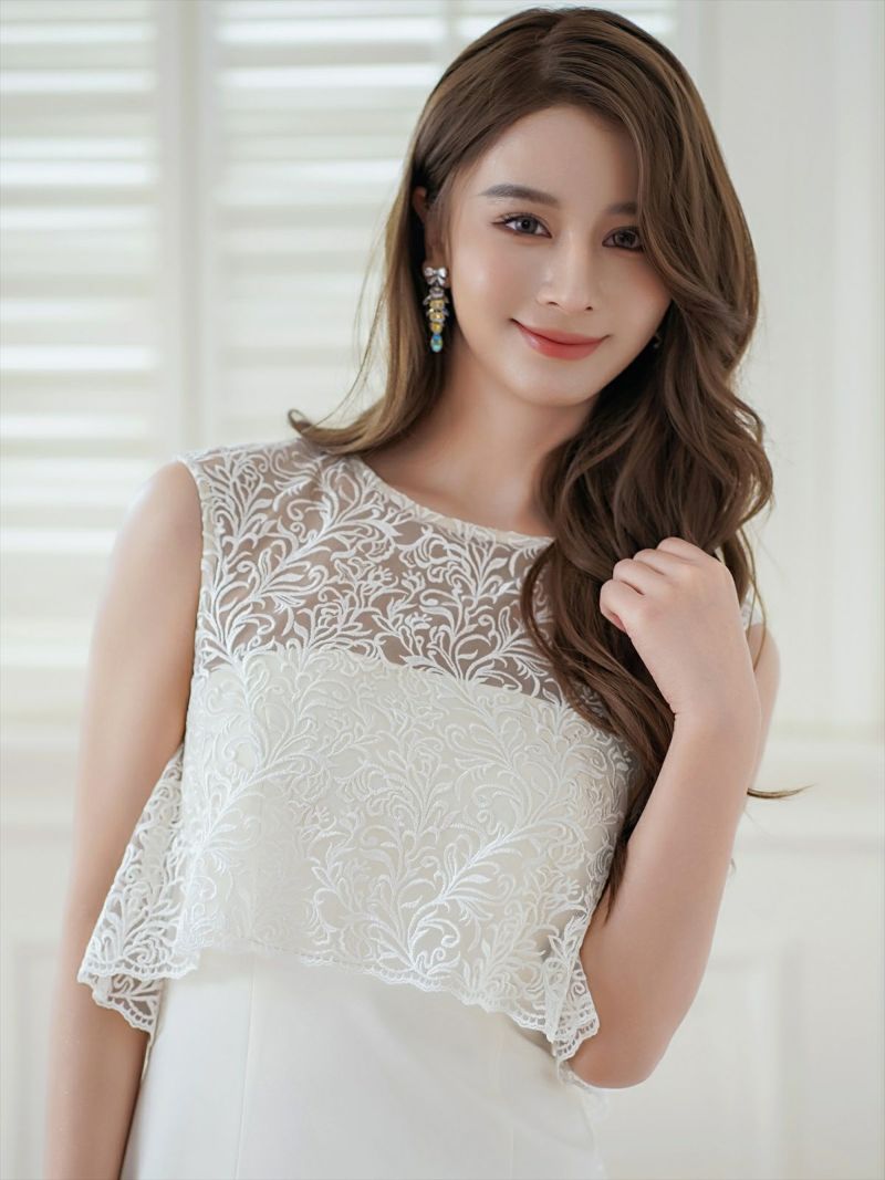 ERUKEI エルケイ ホワイト ノースリーブ・レース・タイト・スリット・膝丈・ミニドレス・ワンピース ek-e23041-1