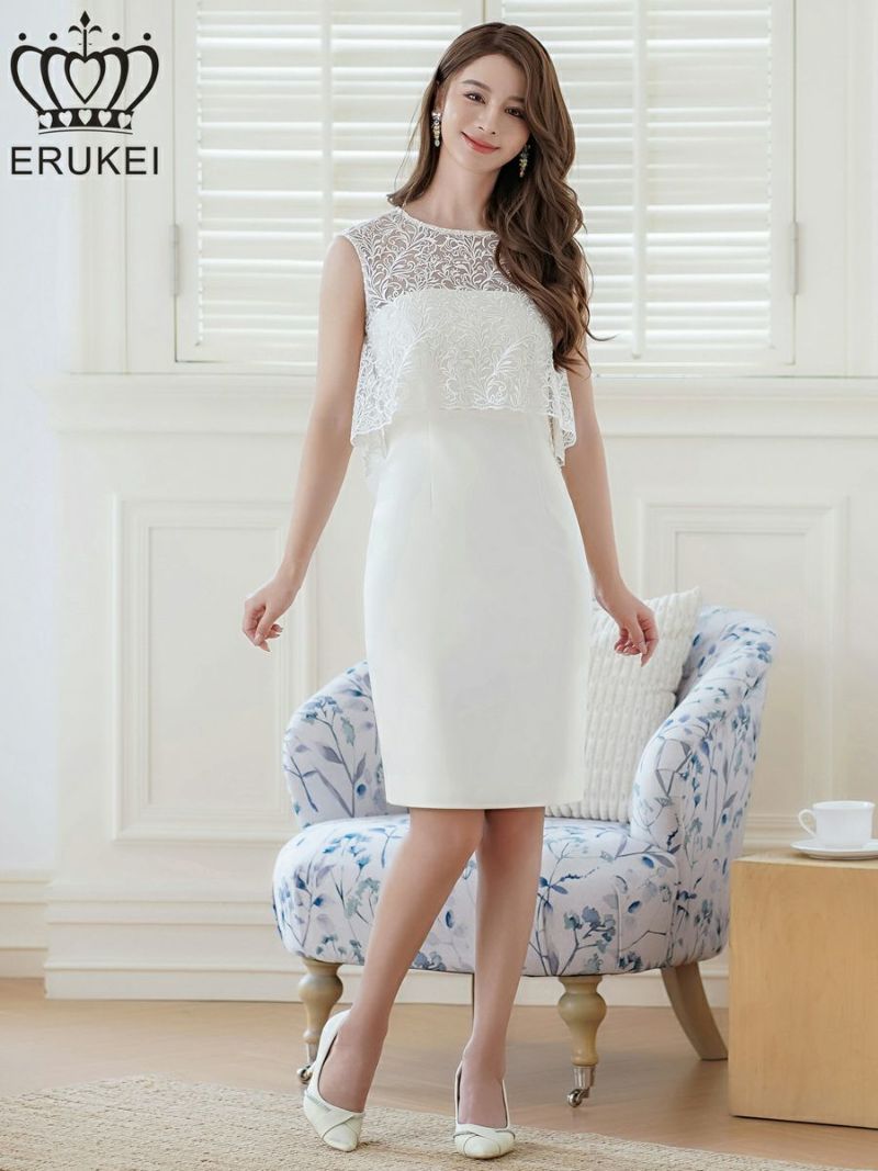 ERUKEI エルケイ ホワイト ノースリーブ・レース・タイト・スリット・膝丈・ミニドレス・ワンピース ek-e23041-1