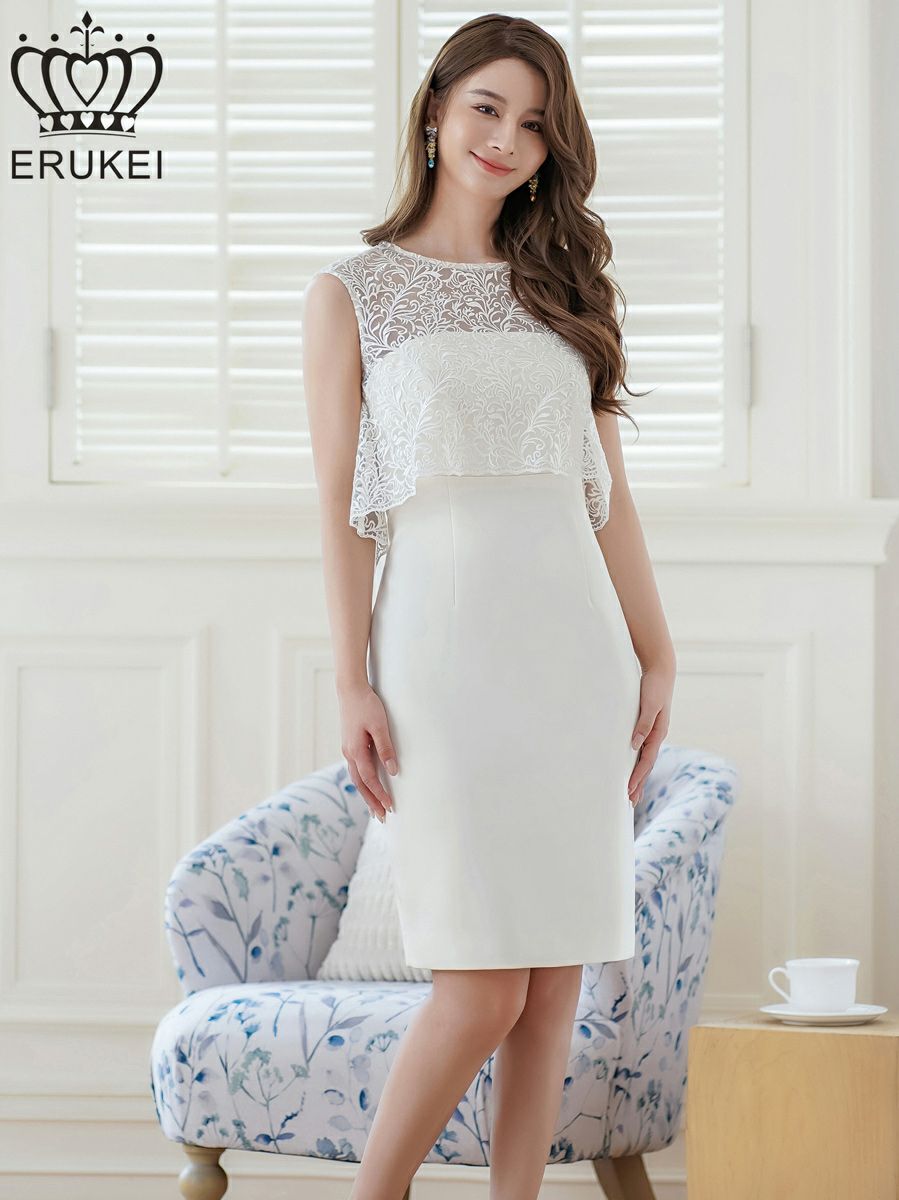 ERUKEI エルケイ ホワイト ノースリーブ・レース・タイト・スリット・膝丈・ミニドレス・ワンピース ek-e23041-1