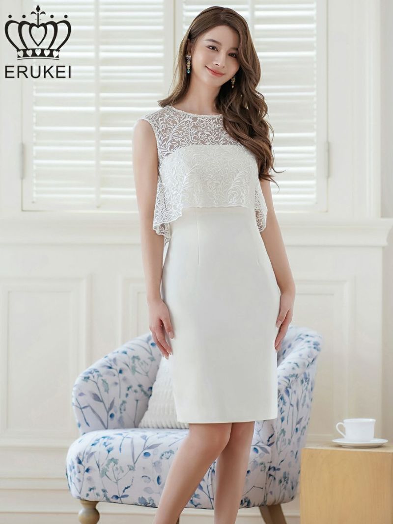 ERUKEI エルケイ ホワイト ノースリーブ・レース・タイト・スリット・膝丈・ミニドレス・ワンピース ek-e23041-1