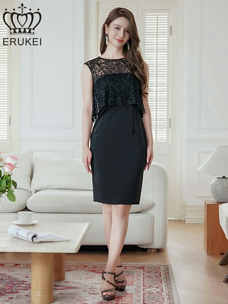 ERUKEI エルケイ ブラック ノースリーブ・レース・タイト・スリット・膝丈・ミニドレス・ワンピース ek-e23041-2